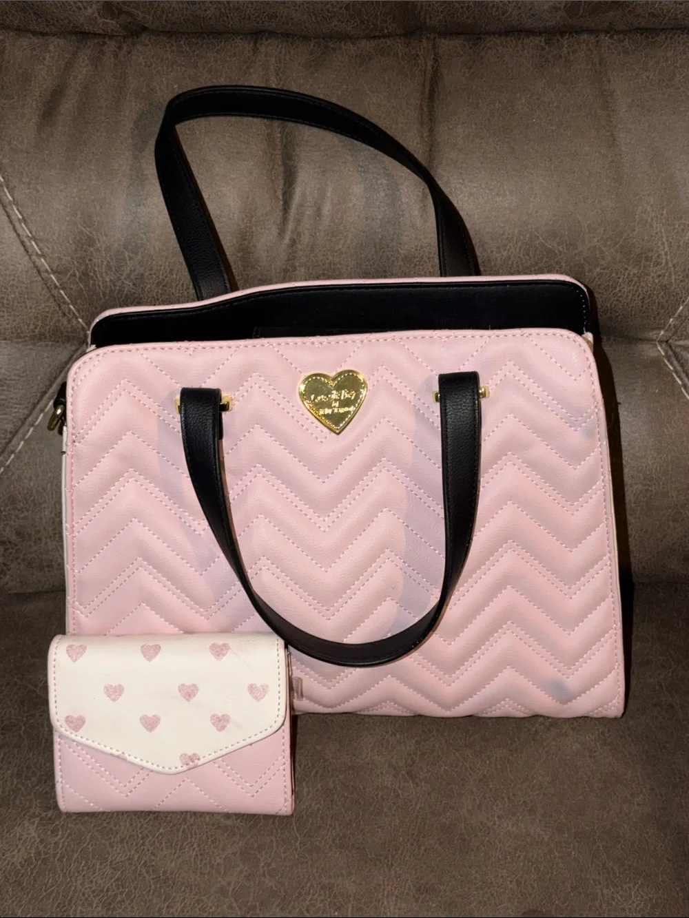 Luv Betsey Quilted Pink Tote Bag with Black Trim - Heart Accent